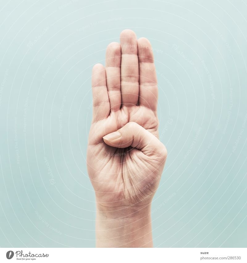 4 Gerade und 1 Geknickter Haut Arme Hand Finger Zeichen Kommunizieren Coolness einfach hell trendy Verantwortung achtsam Handfläche Halt flach stoppen hell-blau