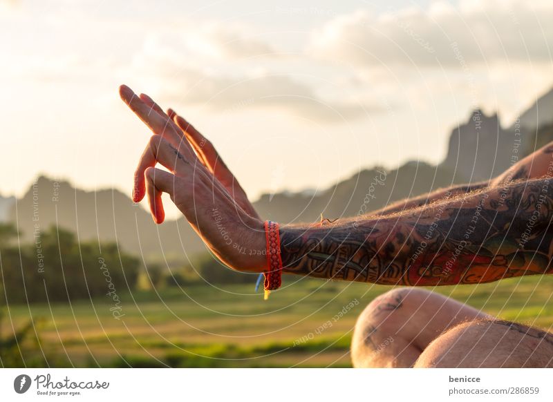 ohm Mann Mensch Hand Finger Yoga Meditation Natur Außenaufnahme Asien Indien Dämmerung Gegenlicht Tattoo tätowiert Körperhaltung üben Erholung Zen Europa