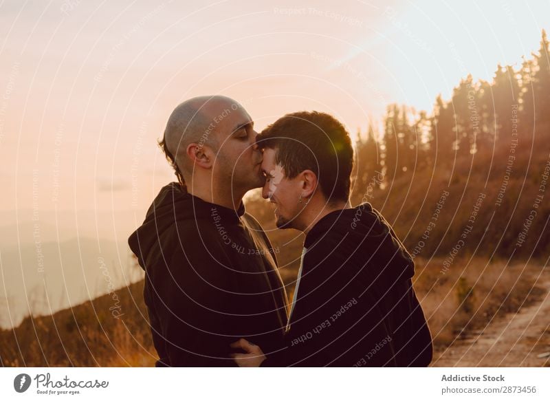 Männer, die sich im Wald umarmen und küssen. Homosexualität Paar Park Küssen Liebe Händchenhalten Wege & Pfade Schönes Wetter geschlossene Augen Sonne Natur