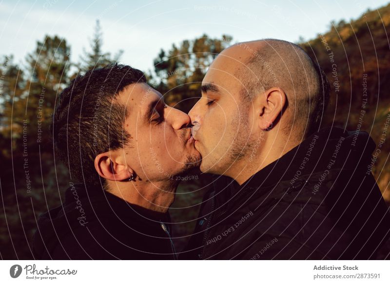 Männer umarmen sich und küssen sich im Park. Homosexualität Paar Küssen Liebe Händchenhalten Wald Wege & Pfade Schönes Wetter geschlossene Augen Sonne Natur