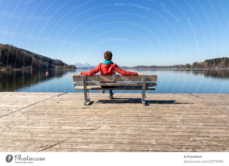 Frühlingstag, Erholung am See Wohlgefühl ruhig Frau Erwachsene Arme 1 Mensch 30-45 Jahre Herbst Schönes Wetter Seeufer Blick sitzen warten Freundlichkeit Glück