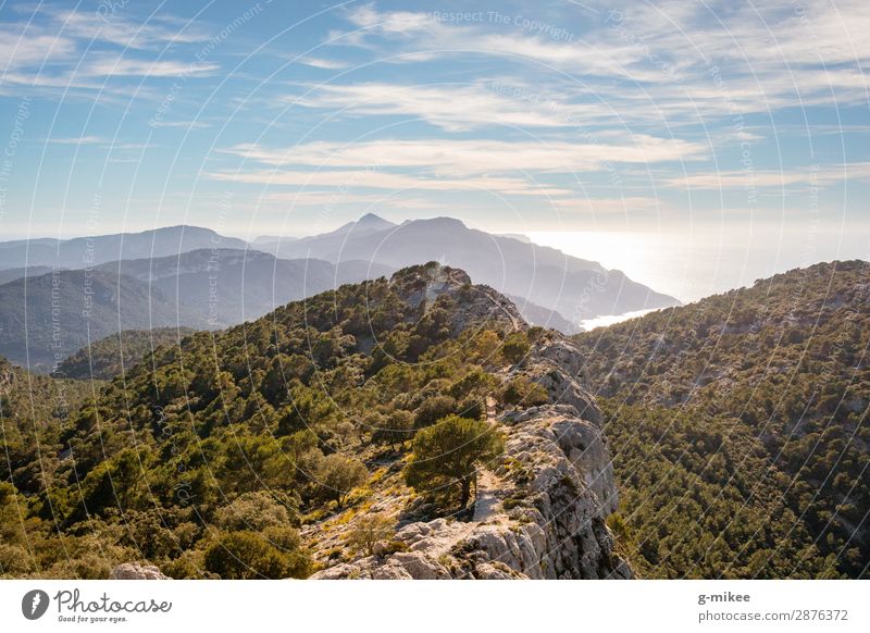 Wandern auf dem Bergkamm auf Mallorca Sommerurlaub Meer Berge u. Gebirge wandern Natur Landschaft Erde Wasser Himmel Schönes Wetter Felsen Gipfel Küste Insel