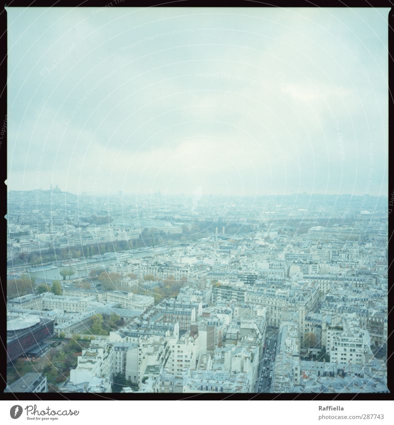 Paris I Stadt Hauptstadt bevölkert Haus Hochhaus blau Aussicht Tour d'Eiffel Baum Himmel Wolken Wolkenhimmel einheitlich Farbfoto Außenaufnahme Menschenleer Tag