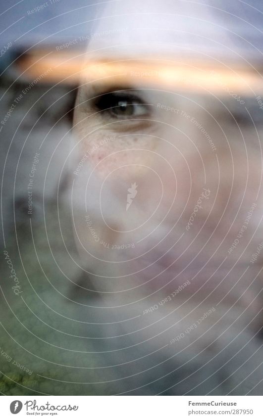 Angehaucht II. feminin Junge Frau Jugendliche Erwachsene Kopf Gesicht Auge 1 Mensch 18-30 Jahre Zufriedenheit hauchen kondensieren Reinigen Fensterscheibe