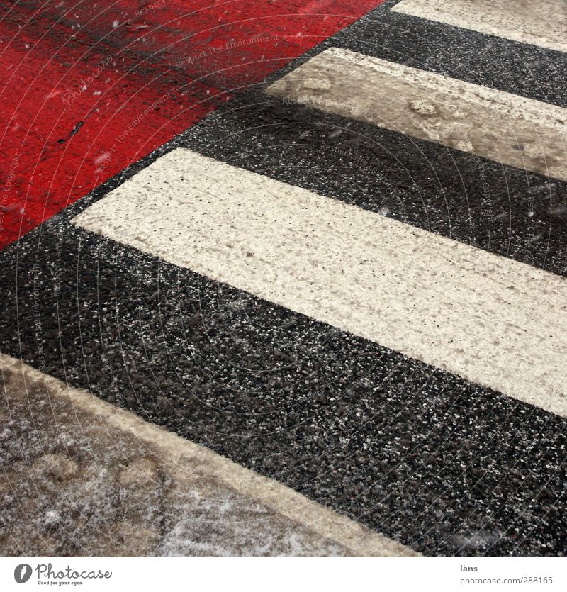 Querung Winter Menschenleer Verkehr Verkehrswege Straße Wege & Pfade Stadt grau rot weiß Zebrastreifen Straßenquerung Fußspur Schneematsch gestreift Balken