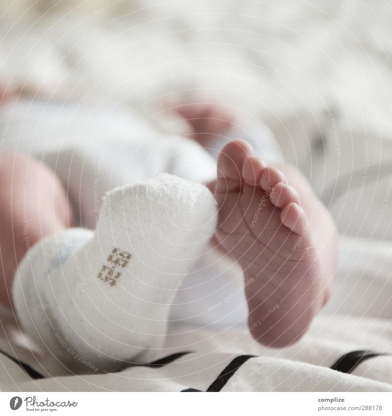 Socke Körperpflege Kind Baby Eltern Erwachsene Warmherzigkeit Sympathie rein neugeboren Strümpfe Barfuß Bettwäsche Farbfoto Innenaufnahme Morgen