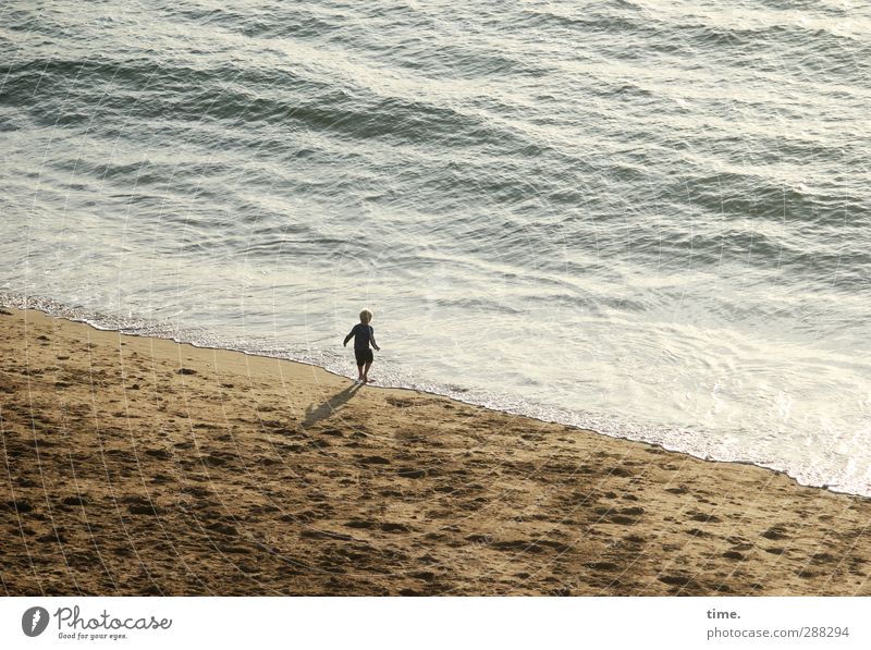 Abenteuerurlaub Kind Junge Kindheit Leben 3-8 Jahre Sand Wasser Schönes Wetter Wellen Küste Strand beobachten laufen Spielen klein nass Freude Glück