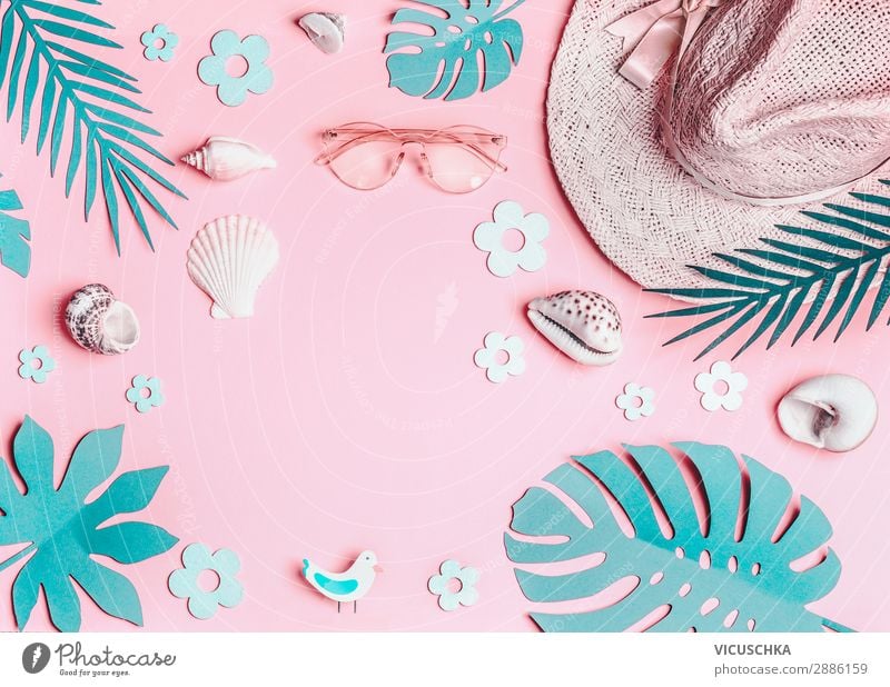 Sommer Hintergrund mit Sonnenhut und Muscheln Design Ferien & Urlaub & Reisen Sommerurlaub Sonnenbad Strand Blatt Accessoire Sonnenbrille Hut rosa türkis