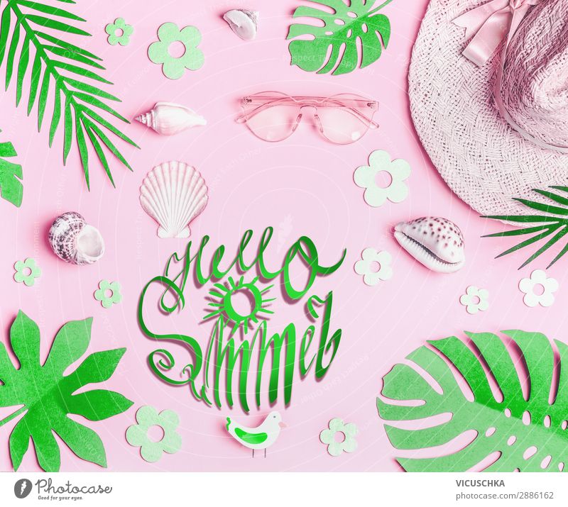 Hello summer. Pastellrosa Sommer Accessoires Lifestyle Stil Design Ferien & Urlaub & Reisen Sommerurlaub Strand Natur Blatt Mode Sonnenbrille Hut grün Text
