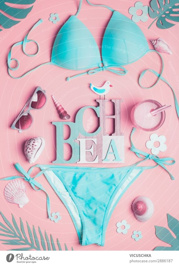 Weibliches Strand Accessoires und Bikini auf Rosa kaufen Stil Design Ferien & Urlaub & Reisen Sommer Sommerurlaub Sonnenbad Meer feminin Mode Bekleidung