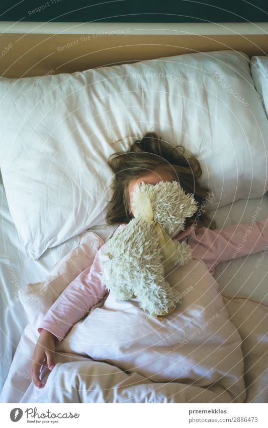 Kleines Mädchen, das morgens in einem Bett mit Teddybär liegt. Glück schön Spielen Kind Mensch Frau Erwachsene Spielzeug schlafen Fröhlichkeit klein niedlich