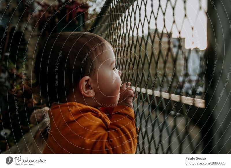 Baby schaut vom Balkon Farbfoto Außenaufnahme Tag Haus Mauer Häusliches Leben Sperrung Quarantäne Quarantänezeit Stadt zu Hause heimwärts Neugier Kind Kindheit