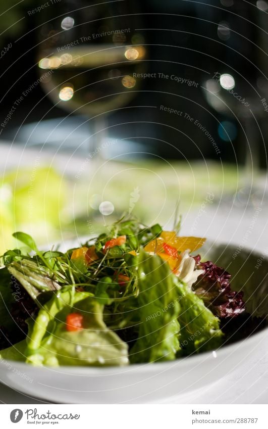 Vorspeise Lebensmittel Salat Salatbeilage Salatteller Ernährung Abendessen Getränk Alkohol Wein Weißwein Weinglas frisch Gesundheit lecker knackig Farbfoto