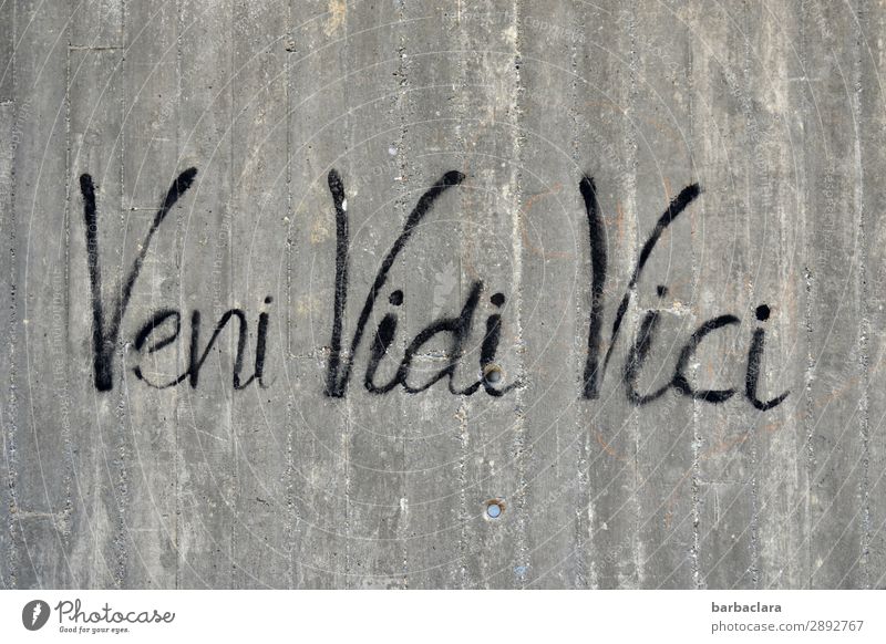 Veni, vidi, vici | Gedankenspiele Kunstwerk Mauer Wand Fassade Beton Zeichen Schriftzeichen Graffiti Denken schreiben grau schwarz Gefühle Kreativität Kultur