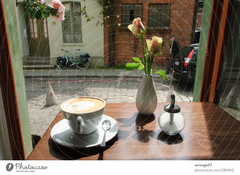 Ein Ort der Glücklichkeit Heißgetränk Latte Macchiato Milchkaffee Geschirr Tasse Löffel Zuckerdose Sommer Tisch Fenster Essen trinken Café Hansestadt Wismar