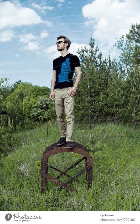 Erhöhung Lifestyle Stil Mensch Junger Mann Jugendliche 1 18-30 Jahre Erwachsene Umwelt Natur Landschaft Himmel Sommer Schönes Wetter Wiese Wald T-Shirt