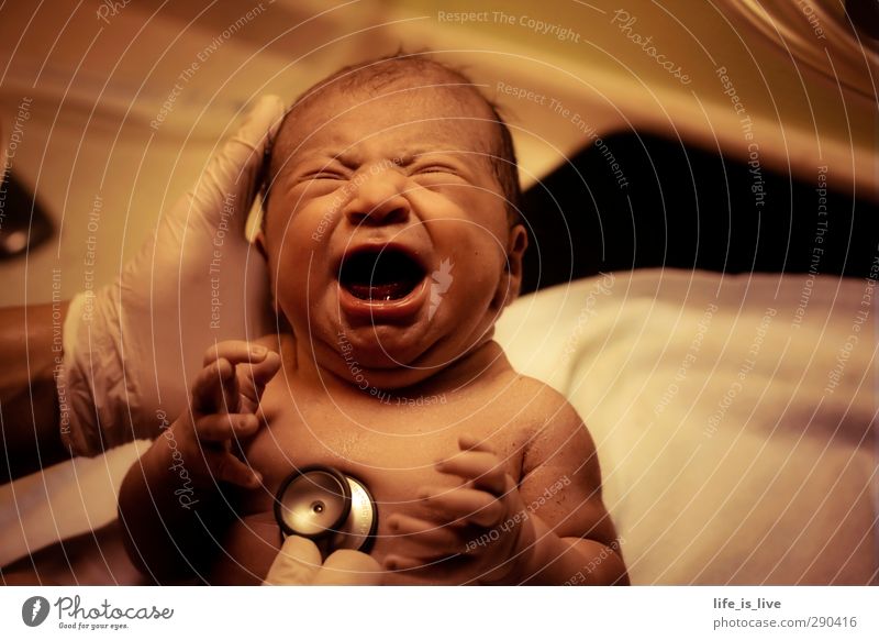 Willkommen im Leben Baby 1 Mensch 0-12 Monate schreien weinen Gesundheit Glück Kindheit Geburt Geburtshilfe neugeboren Stethoskop Krankenhaus Krankheit