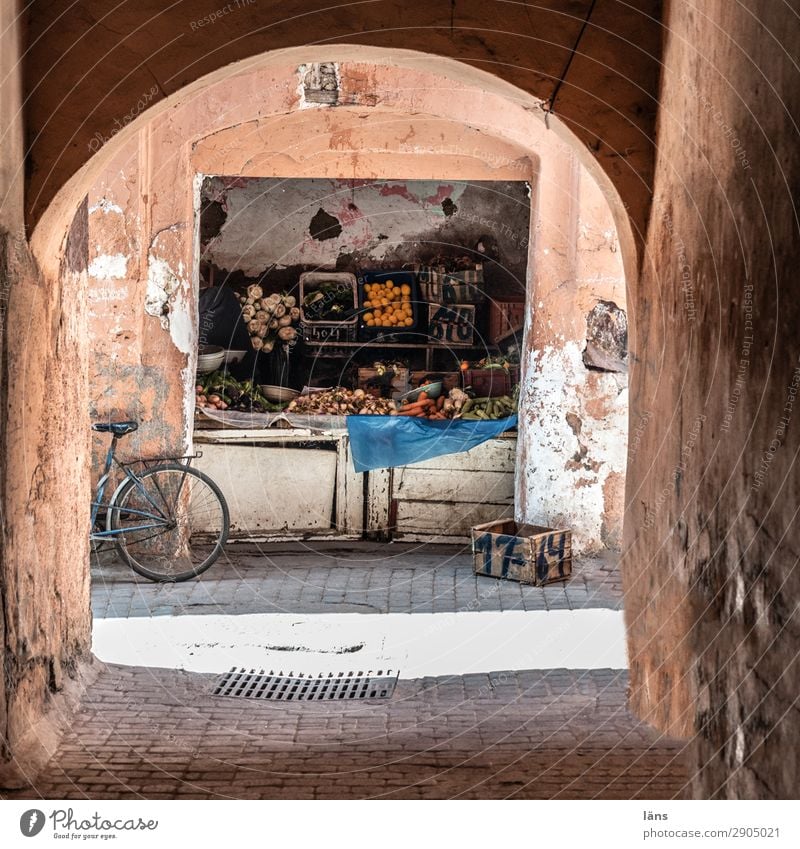 Gemüsehändler in Marrakesch Lebensmittel Tourismus Ausflug Marokko Afrika Altstadt Verkehrswege Fahrradfahren Wege & Pfade einfach exotisch kaufen Außenaufnahme