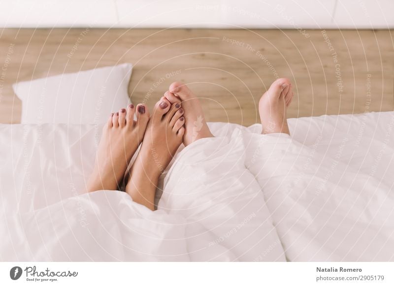 Zwei Paar Füße erscheinen unterhalb des Blattes. Körper Erholung Freizeit & Hobby Schlafzimmer Mensch Freundschaft Finger Fuß Liebe schlafen Sex Erotik