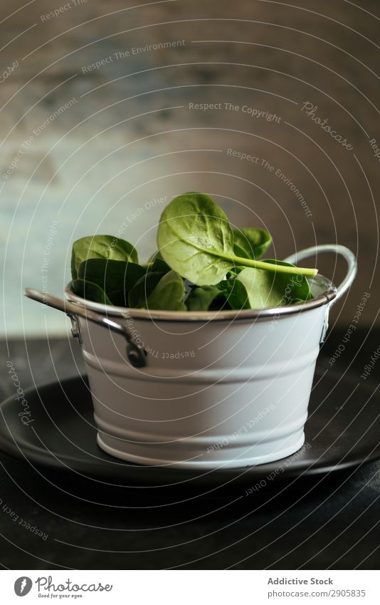 Frischer Spinat auf einer rustikalen weißen Metallgeschirrschüssel frisch Blatt Hintergrundbild Salatbeilage Lebensmittel Gemüse Detailaufnahme