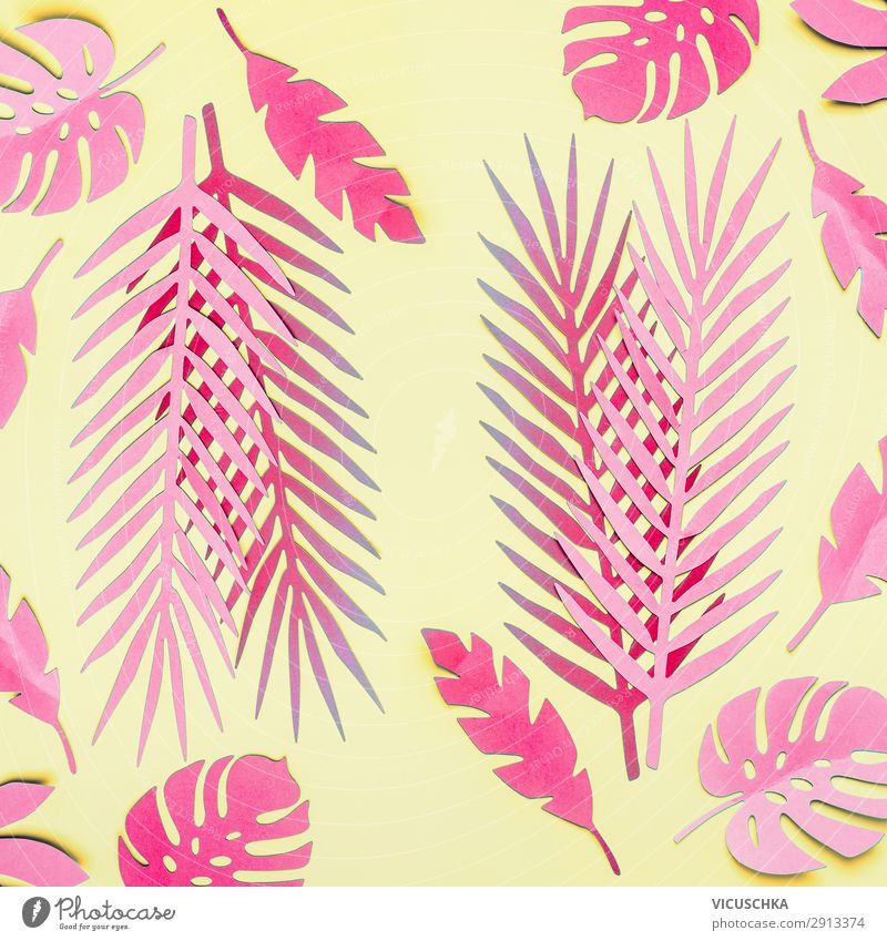 Rosa tropische Blätter auf gelb Stil Design exotisch Sommer Pflanze Blatt Mode trendy rosa Surrealismus Hintergrundbild Pflanzenteile Farbfoto Studioaufnahme