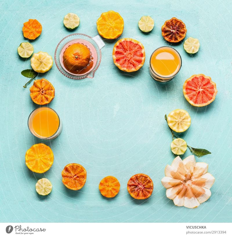Zitrusfrüchte mit Zitrus Saft, Rahmen Lebensmittel Frucht Orange Getränk Geschirr Glas kaufen Stil Design Gesundheit Gesunde Ernährung gelb Vitamin C Grapefruit