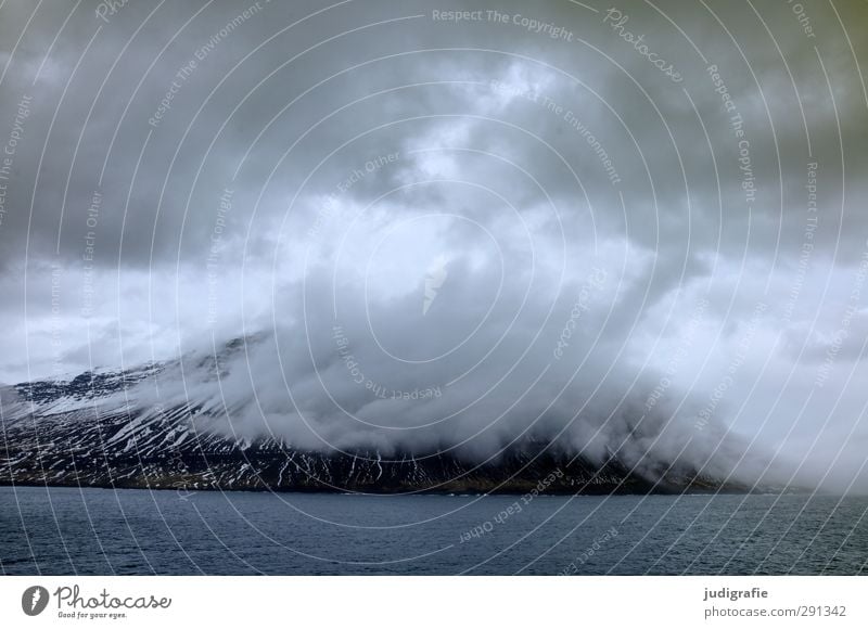 Island Umwelt Natur Landschaft Urelemente Wasser Himmel Wolken Klima schlechtes Wetter Schnee Felsen Berge u. Gebirge Schneebedeckte Gipfel Wellen Küste Fjord