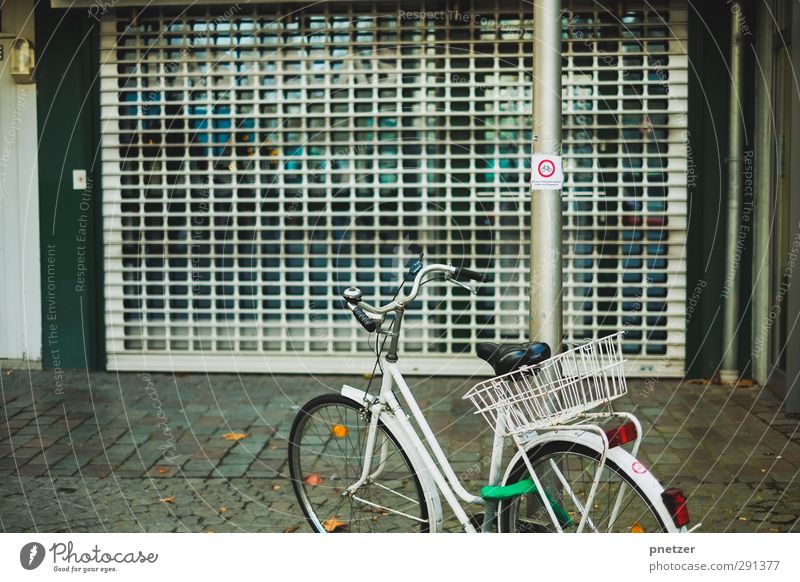 Keine Fahrräder! Stadt Stadtzentrum bevölkert Verkehr Verkehrsmittel Fahrradfahren Straße stehen außergewöhnlich rebellisch verrückt grün Gefühle Verbote Gitter