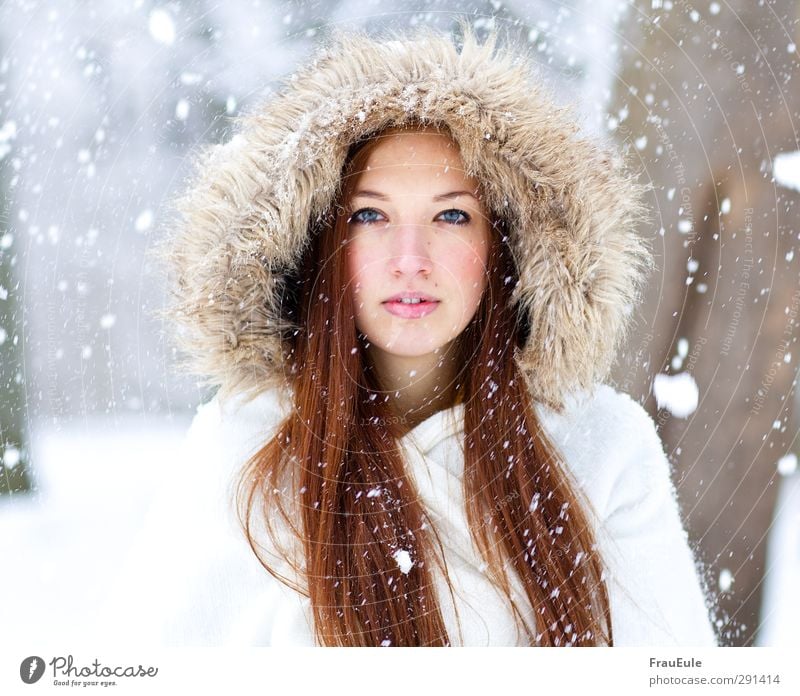 geschmolzene Seele feminin Junge Frau Jugendliche 1 Mensch 18-30 Jahre Erwachsene Winter Eis Frost Schnee Schneefall Jacke Mantel Pelzmantel Fell Mütze brünett