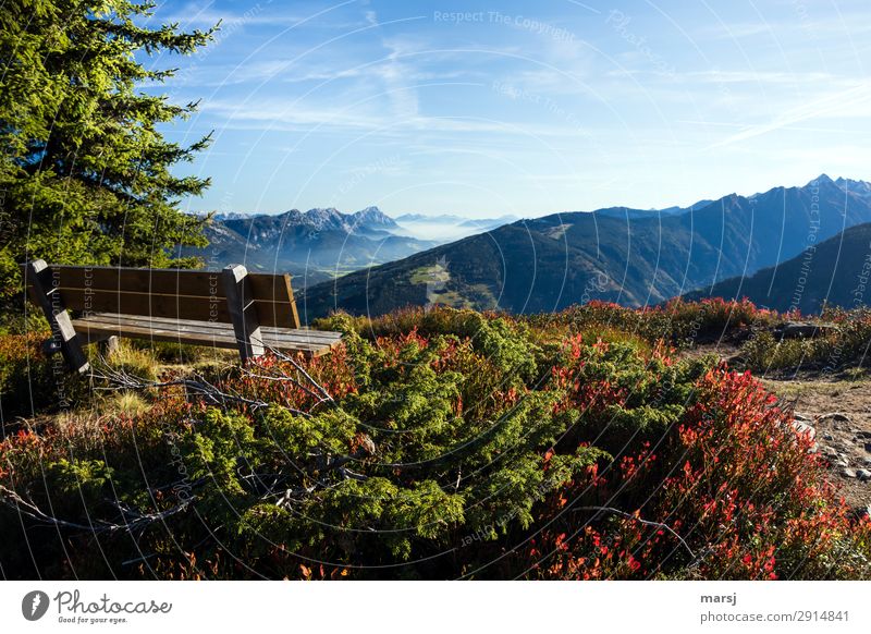 Platz zum Träumen Erholung ruhig Meditation Natur Herbst Alpen Berge u. Gebirge Bank Fernweh Einsamkeit Aussicht Ferne Farbfoto mehrfarbig Außenaufnahme