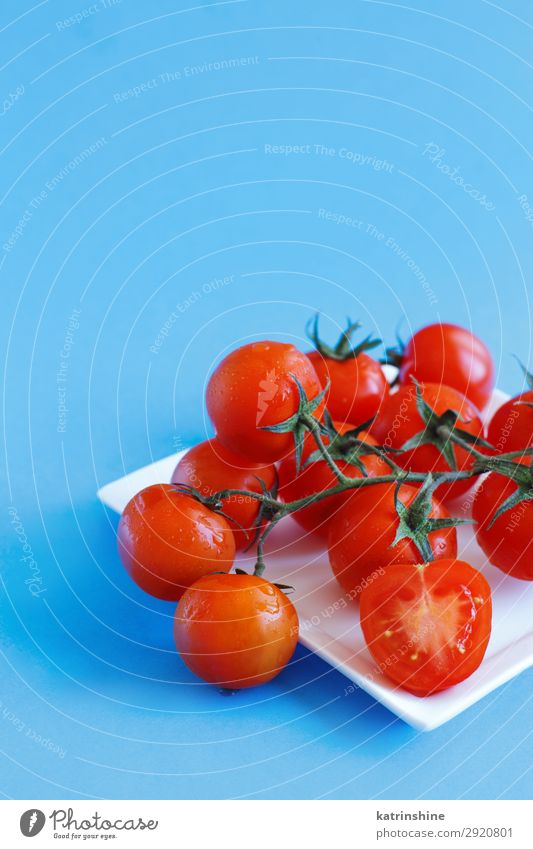 Kirschtomaten auf blauem Hintergrund Gemüse Vegetarische Ernährung Diät frisch hell oben rot Zutaten roh minimalistisch Entwurf Textfreiraum leer Lebensmittel