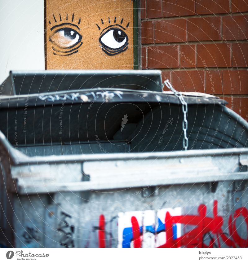 Große Klappe, Müllschlucker Müllbehälter 1 Mensch Mauer Wand Müllentsorgung Hausmüll Graffiti Auge Blick authentisch außergewöhnlich lustig Neugier gefräßig