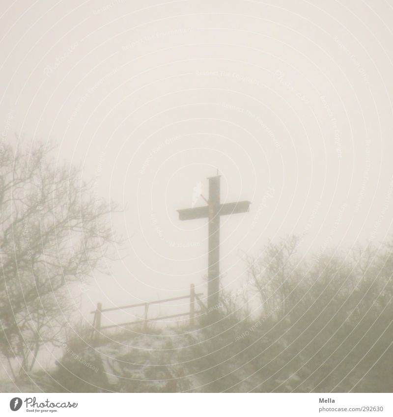 Karfreitag Trauerfeier Beerdigung Totensonntag Skulptur Kultur Umwelt Landschaft Herbst Winter Nebel Schnee Kruzifix Zeichen Kreuz trist grau ruhig Glaube