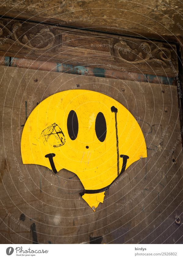 Angefressen Mauer Wand Zeichen Smiley Emotiondesign Lächeln lachen Blick authentisch frech einzigartig kaputt positiv rund braun gelb Freude Fröhlichkeit