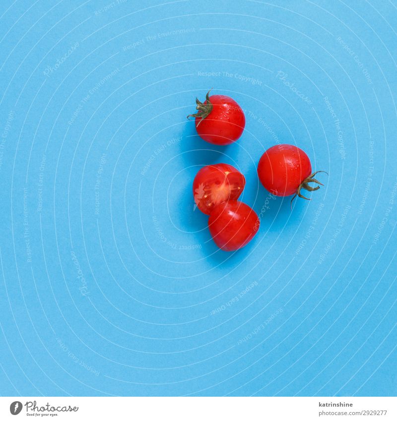 Kirschtomaten auf blauem Hintergrund Gemüse Vegetarische Ernährung Diät frisch hell oben rot Zutaten roh minimalistisch Entwurf leer Lebensmittel Gesundheit
