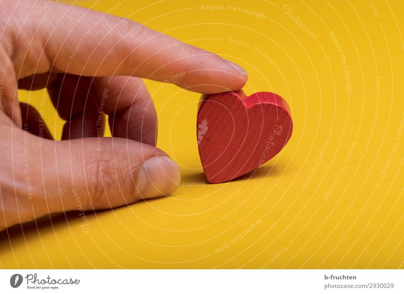 Herzchen Feste & Feiern Valentinstag Hochzeit Geburtstag Finger Dekoration & Verzierung Holz Zeichen wählen genießen liegen gelb rot Freundschaft Liebe