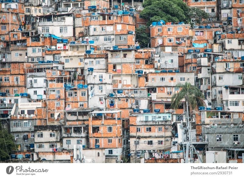 Favela Kleinstadt blau braun grün schwarz weiß favela Rio de Janeiro Brasilien Fenster Zusammensein Armut Häusliches Leben Backstein Haus Township Farbfoto