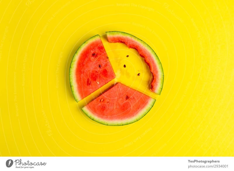 Flachbild mit Scheiben aus roter Wassermelone Frucht Dessert Ernährung Essen Vegetarische Ernährung Diät Gesunde Ernährung Sommer frisch lecker saftig gelb grün