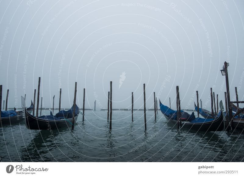 Gondeln im Nebel schlechtes Wetter Venedig Hafenstadt Verkehrsmittel Verkehrswege Schifffahrt Passagierschiff Gondel (Boot) trist blau Traurigkeit Trauer