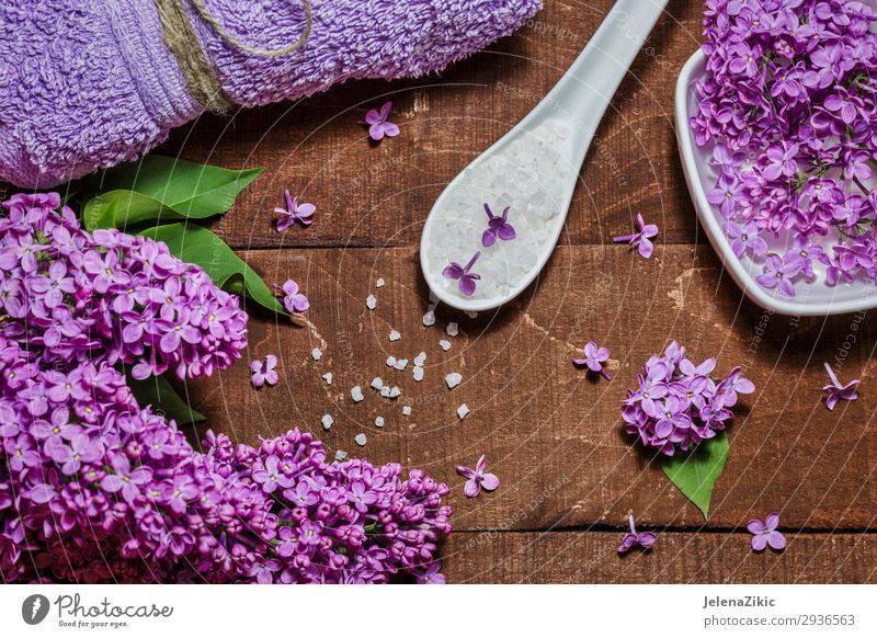 Aromatherapie, Wellness und Spa mit lila Blüten Schalen & Schüsseln Lifestyle schön Körper Haut Kosmetik Behandlung Erholung Tisch Natur Blume Holz natürlich