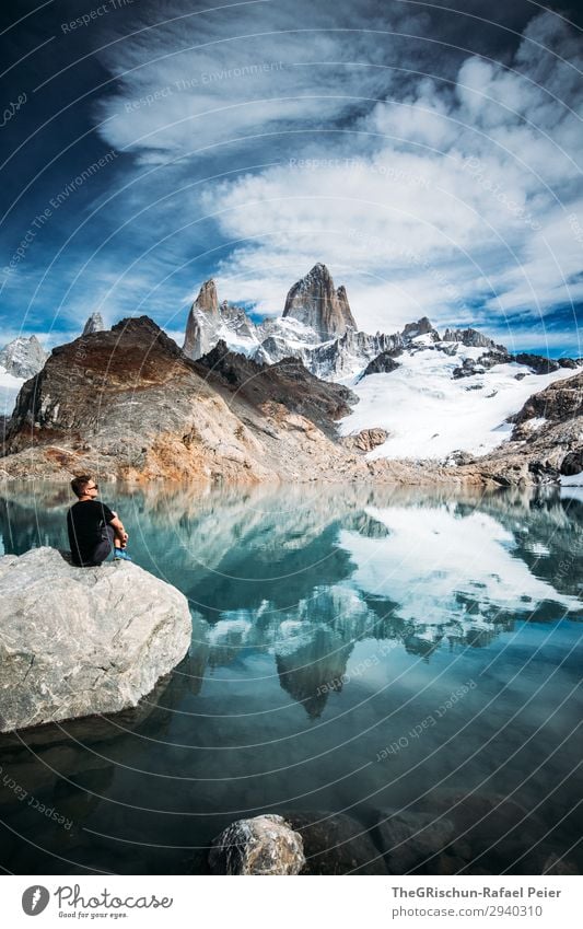 Mann vor See und Berg - Fitz Roy Natur blau türkis weiß laguna de los tres Reflexion & Spiegelung Berge u. Gebirge Lagune Argentinien Patagonien el chalten