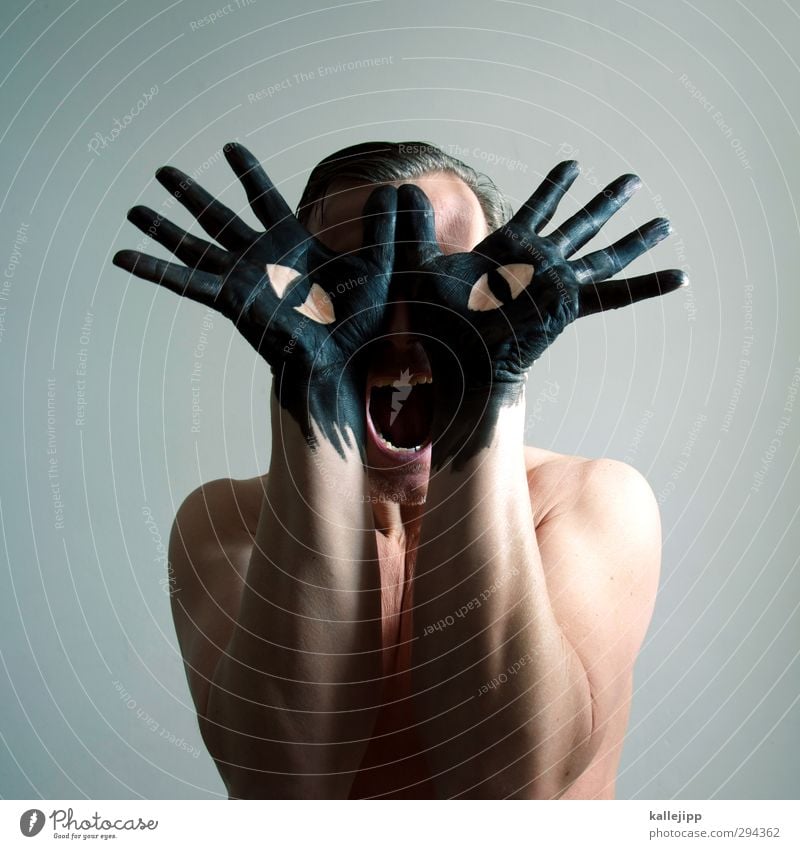 schwarzer kater Mensch maskulin Mann Erwachsene Kopf Arme Hand Finger 30-45 Jahre Kunst Künstler Kultur Tier Katze schreien Farbe Auge Katzenauge Kreativität