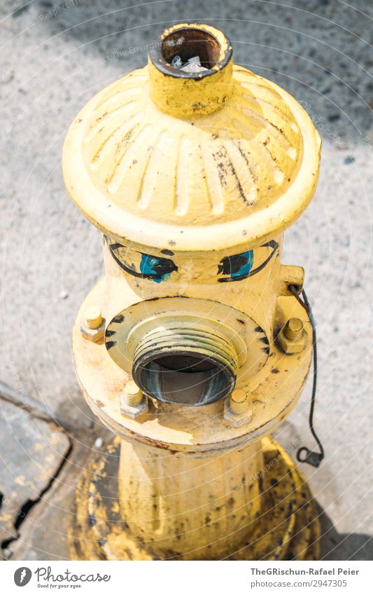 Friendly Face Kunst blau gelb Hydrant bemalt verschönern Auge Chile Valparaíso Wasser Farbfoto Außenaufnahme Menschenleer Textfreiraum unten Tag Licht Schatten