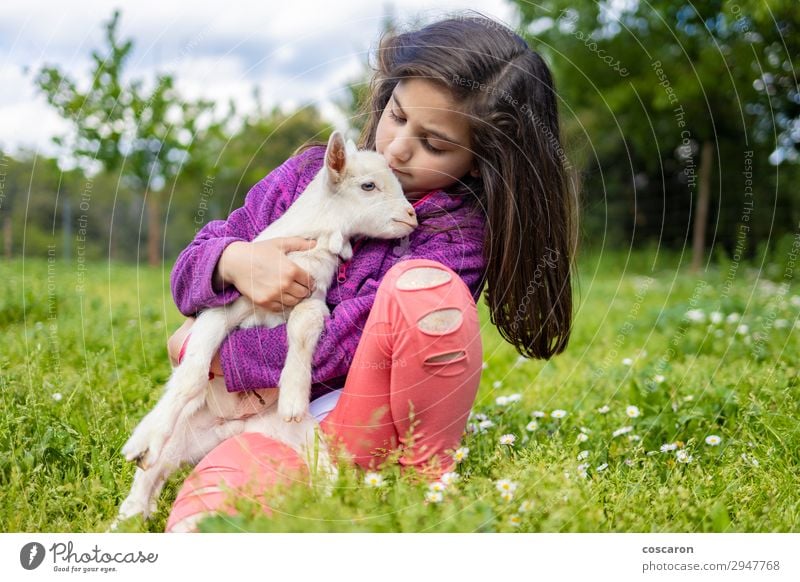 Kleines Mädchen umarmt eine Ziege auf einem Feld. Lifestyle Glück schön Freizeit & Hobby Spielen Sommer Garten Kind Azubi Mensch feminin Baby Kleinkind Frau