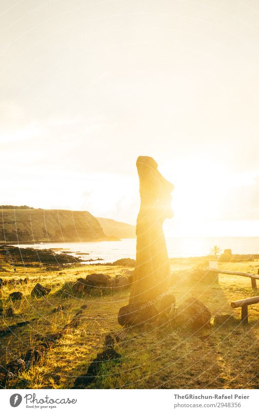 MOAI - Osterinsel - Sunrise Natur braun gelb gold Moai Osterinseln Sonnenaufgang Gegenlicht Stimmung Silhouette Strukturen & Formen Küste Klippe bauen errichten
