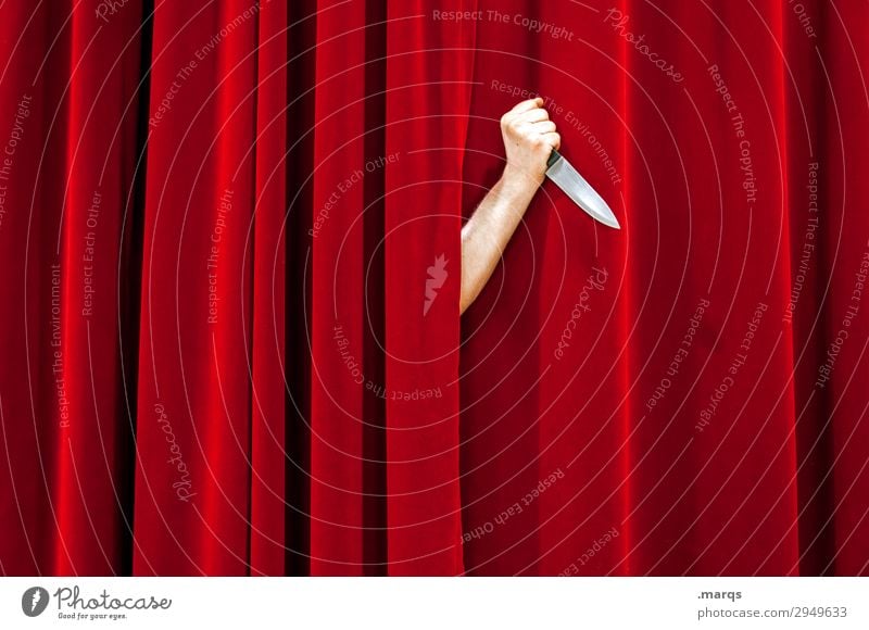 Hinterhältig Arme Hand 1 Mensch Vorhang Messer rot Todesangst Theaterschauspiel Mörder Mord bedrohlich hinterhältig Farbfoto Innenaufnahme Strukturen & Formen