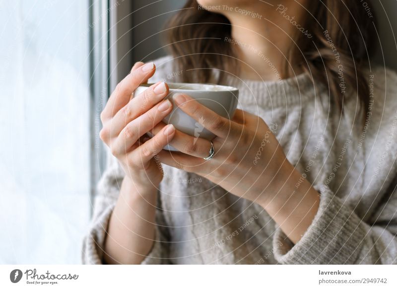 Damenhaltebecher mit Latte vor dem Fenster Café Nahaufnahme Kaffee Tasse Getränk trinken Frau Schwache Tiefenschärfe Junge Frau heimwärts heiß Hygge Lifestyle