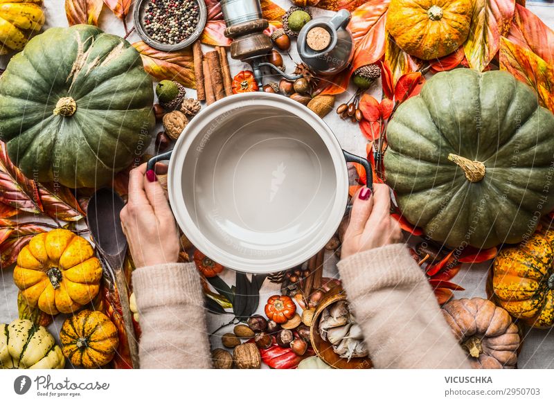 Hände halten Topf auf Tisch mit vielen Herbst Zutaten Lebensmittel Gemüse Kräuter & Gewürze Ernährung Bioprodukte Vegetarische Ernährung Geschirr kaufen Stil