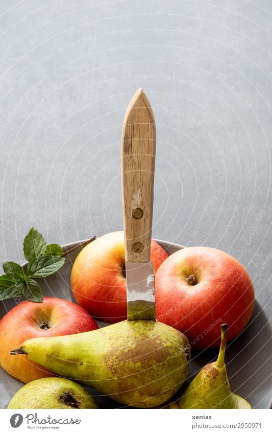 Birne, Messer, Apfel Frucht Pfefferminz Bioprodukte Vegetarische Ernährung Diät Teller frisch Gesundheit lecker süß gelb grau grün rot geschnitten Obstteller