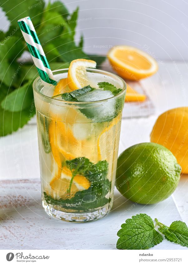 Sommer Erfrischungsgetränk Limonade mit Zitronen Frucht Kräuter & Gewürze Getränk Saft Alkohol Glas Blatt Essen saftig sauer gelb grün weiß Tradition